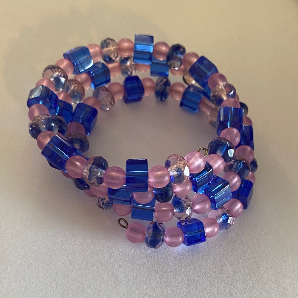 Glass Blue and Pink Beaded Coil Bracelet - Women's Fashion Jewelry